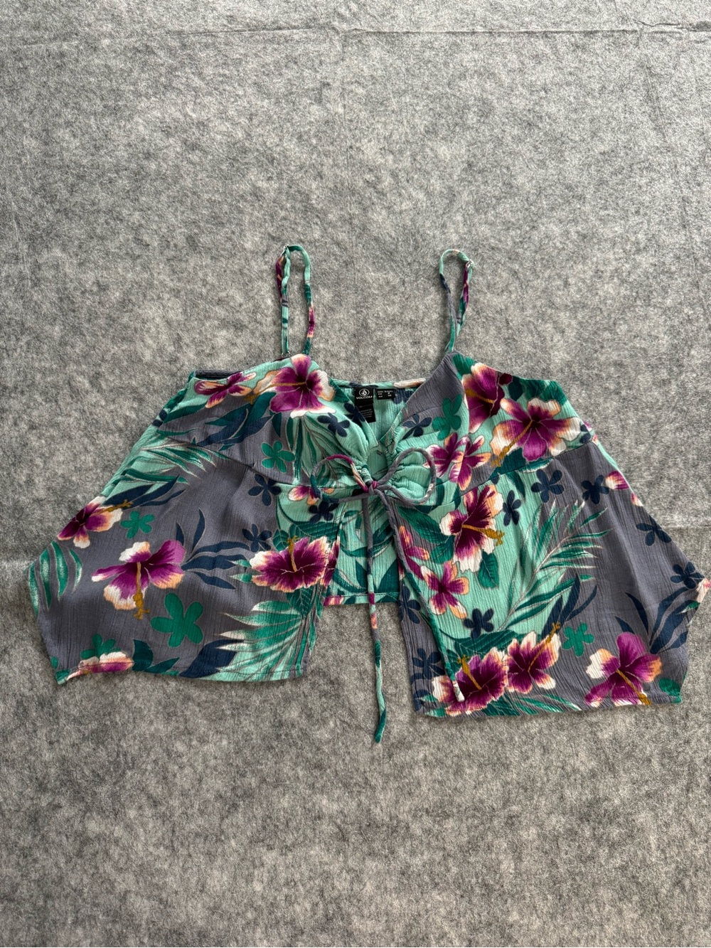 Volcom Floral Tie-Front Spaghetti Strap Crop Top - Teal & Purple